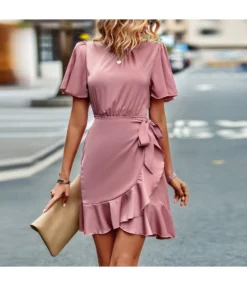Summer Casual Round Neck Solid Color Ruffled Wrap Dress Wholesale Dresses N5323022800186