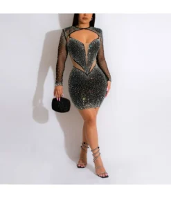 Sexy Diamonds Slim See-Through Can Be Two Wear Long-Sleeved Patchwork Camisole Dress Wholesale Dresses N5323031800106