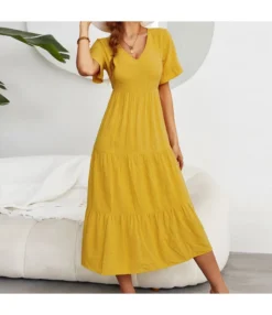 Fashion Loose V-Neck Swing Dress Short Sleeve Solid Color Wholesale Dresses SDN560290