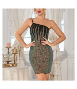 Fashion One Shoulder Sexy Cover Hip Evening Gown Sequin Dress Wholesale Dresses SDN538924