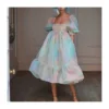 Gorgeous Tie-Dye Puff Sleeve Midi Princess Dress Puffy Skirt Organza Wholesale Dresses Vintage SD204359