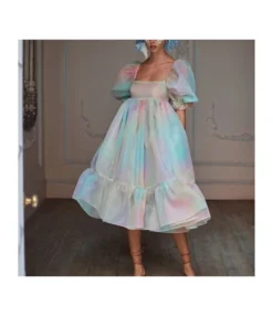 Gorgeous Tie-Dye Puff Sleeve Midi Princess Dress Puffy Skirt Organza Wholesale Dresses Vintage SD204359
