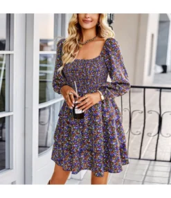 Floral Print Lantern Long Sleeve Square Collar Cake Dress Wholesale Dresses SDN535557