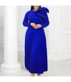 Round Neck Long Sleeve Three-Dimensional Decoration Pleated Party Solid Color Dress Wholesale Dresses N4623050600020