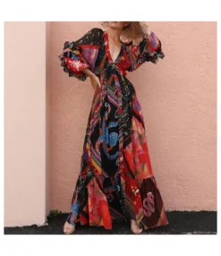 Swing V-Neck Long Sleeves Contrasting Printed Long Bohemian Dress Wholesale Dresses SDV463975