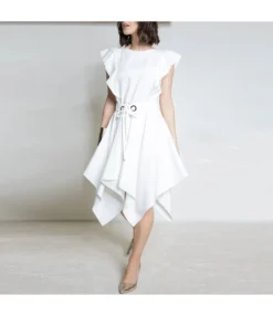 Fashion Square Neck Ruffle Sleeve Dress Solid Color Irregular Wholesale Dresses With Belt SDN560090