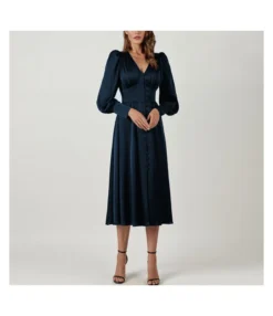 V Neck Nipped Waist Vintage Midi Satin Dress Wholesale Dresses SDN536436