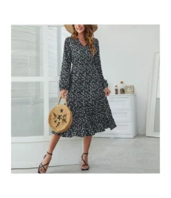 Floral Printed V-Neck Long Sleeve High Waist Flowy Ruffled Dress Casual Wholesale Dresses SDN532613