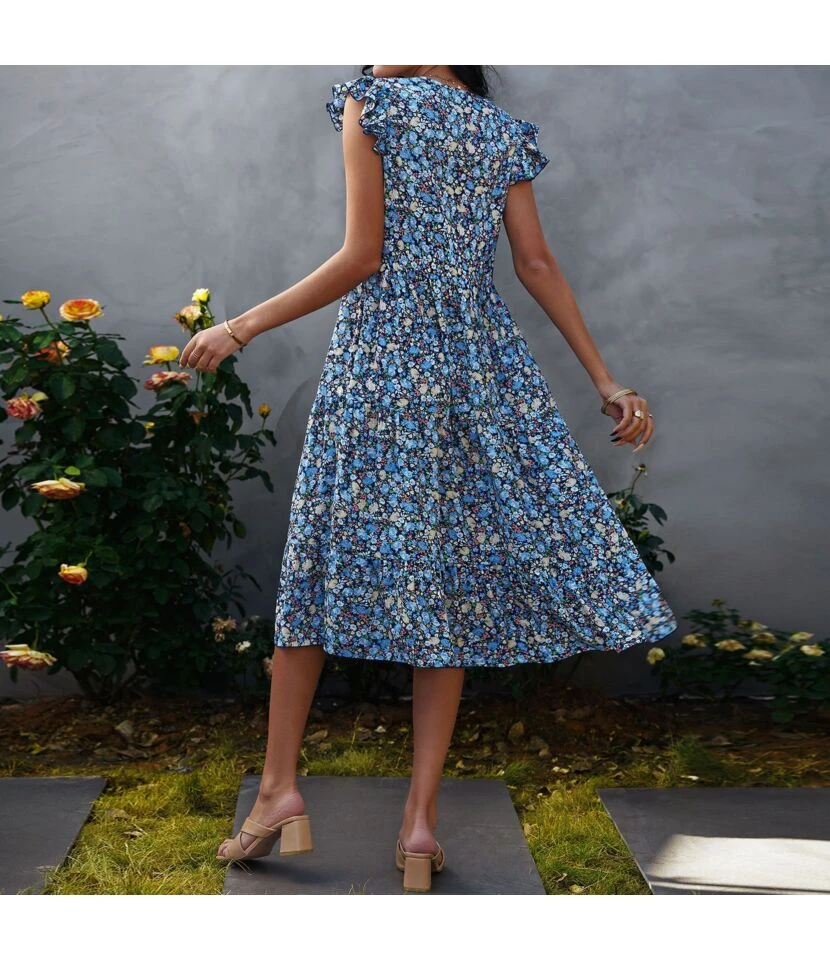 Floral Print V-Neck Frill Sleeve Midi Swing Dress Casual Summer Wholesale Dresses SD204674 - Image 5