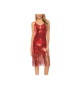 Sexy Deep V-Neck Sequin Tassel Nightclub Backless Halter Midi Dress Wholesale Dresses SDN562803