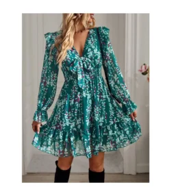 Floral Print Tie-Up Collar Lapel Casual Swing Ruffled Dress Wholesale Dresses SDN538433