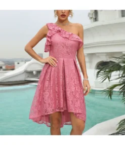 Solid Color Slanted Shoulder Lace Ruffles Swing Evening Dress Elegant Wholesale Dresses SDN532200