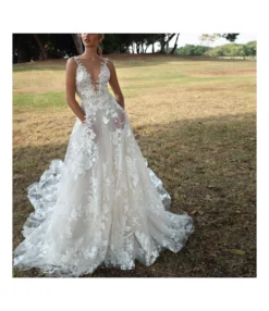 Lace Stitching Embroidery Deep V Sling Wide Swing White Wedding Dress Wholesale Maxi Dresses SDN533601