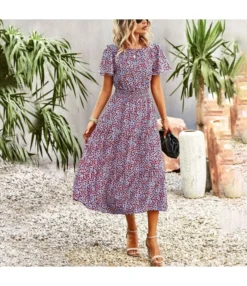 Summer Elegant Waist Trimming Short-Sleeved Long Floral Dress Wholesale Dresses N5323022800184