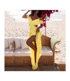 Summer Sequin Cutout Holiday Sling Ruffle Dress Sexy Beach Trendy Wholesale Maxi Dresses SD531707