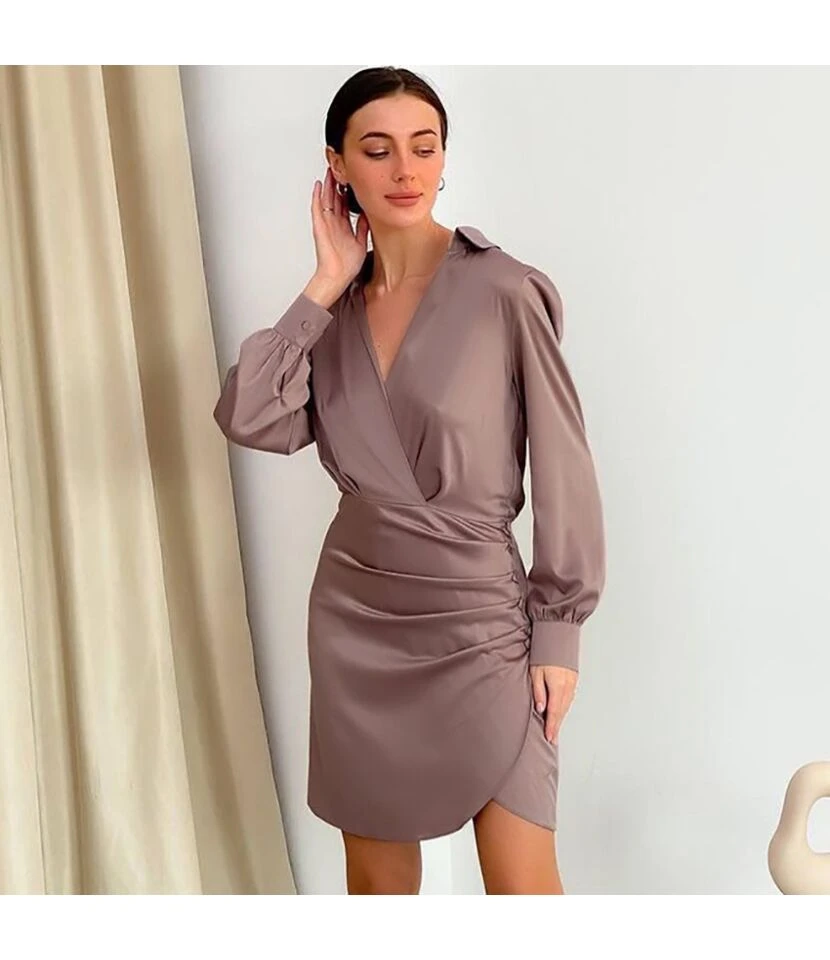 Sexy Satin Deep V Neck Dress Solid Color Long Sleeve A-Line Wholesale Dresses SDN560922 - Image 5