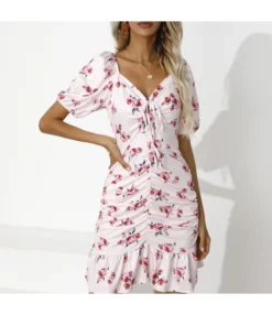 Floral Print Slim Fit Drawstring V-Neck Short Sleeve Casual Ruffled Dress Wholesale Dresses SDN533529