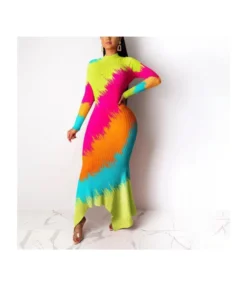 Full Sleeve Slim Printing Irregular Swing Stand Collar Maxi Dress SD080544
