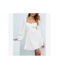 Square Neck Solid Color Lantern Sleeve Ruffles Lace-Up Swing Dress Vintage Wholesale Dresses SD531198