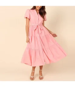 Summer Solid Color Simple Short Sleeve V-Neck Lace-Up Smocked Dress Wholesale Dresses N5323031600444