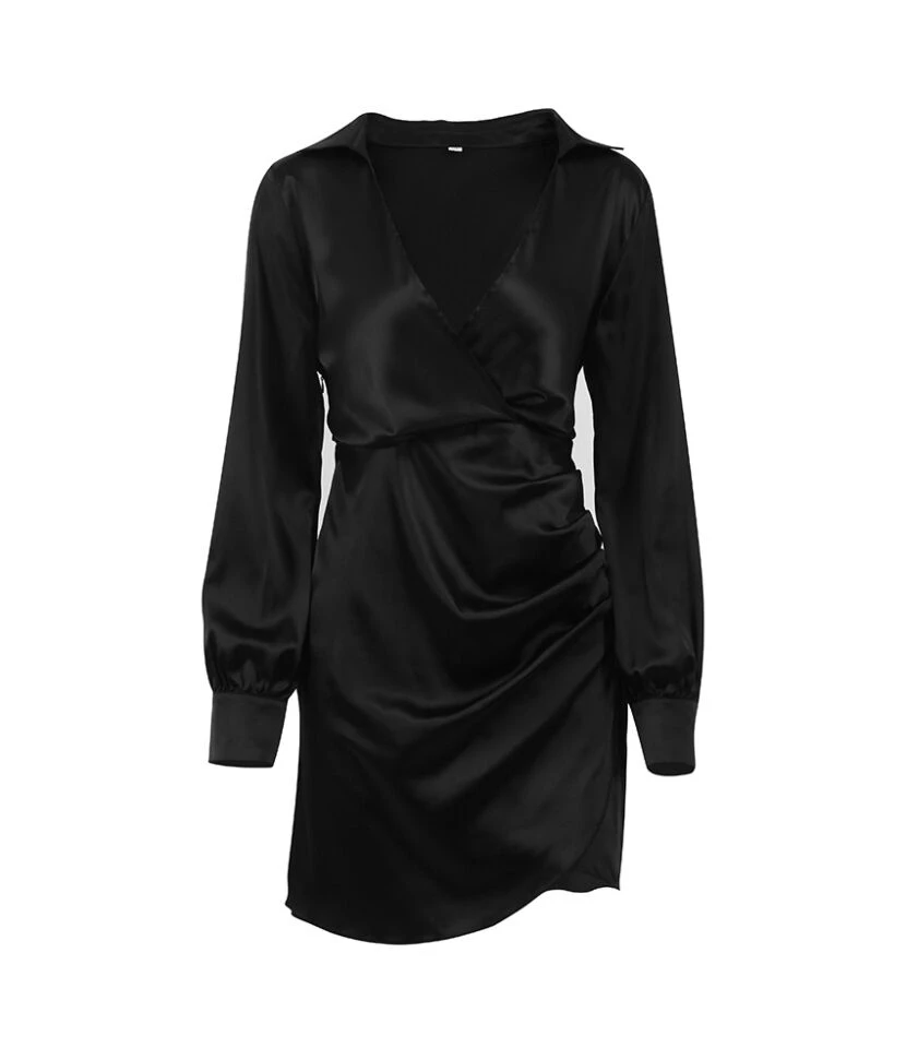 Sexy Satin Deep V Neck Dress Solid Color Long Sleeve A-Line Wholesale Dresses SDN560922 - Image 4