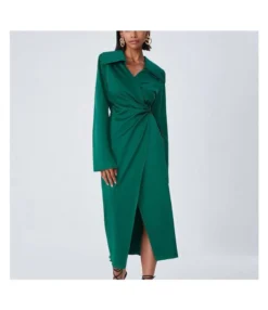 Satin Suit Collar Long Skirt Slit Design Ladies T Shirt Dress Wholesale St Patricks Day SD202101