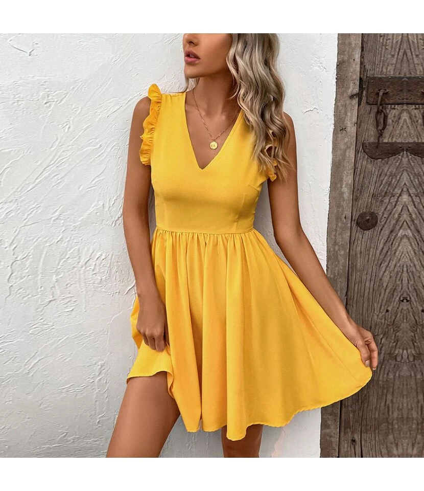 Backless Wooden Ears Sleeveless V-Neck Solid Color Dress Wholesale Dresses N4623041000136 - Image 4