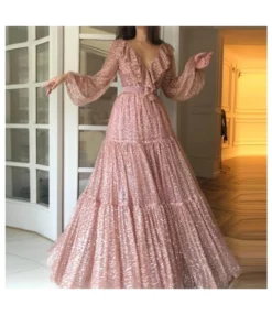 Sequined Sexy V-Neck Long-Sleeved Elegant Swing Gown Maxi Dress Wholesale Dresses SDV463669