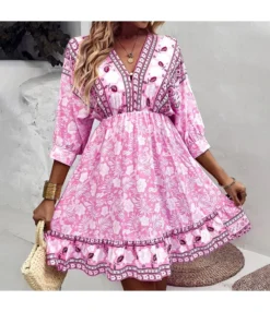 Fashion Print V Neck Swing Dress Casual Loose Backless Lace-Up Short Sleeve Wholesale Dresses