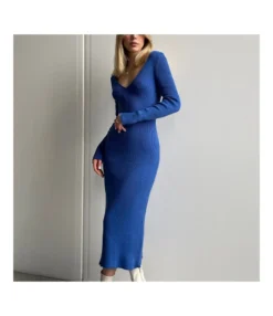 Knitted Long Sleeve Deep V Slim Solid Color Midi Dress Wholesale Dresses SDV463847