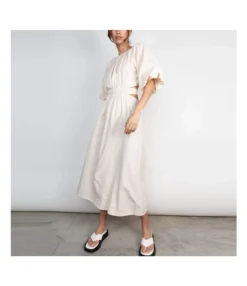 Lace-Up Hollow Short Sleeve Puff Sleeve Round Neck Casual Dress Wholesale Dresses SDN539068