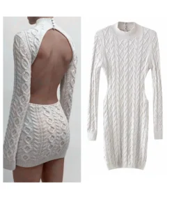 Knitting Sexy Bodycon Solid Backless Full Sleeve Mini Dress ST080012