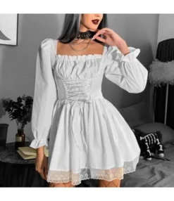 Sweet Punk Style Solid Color Long Sleeve Square Neck Dress Wholesale Dresses V5923041900069