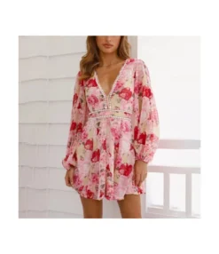 Floral Print Lace Stitching Cutout V-Neck Long Lantern Sleeve Swing Dress Vacation Wholesale Dresses SDN532600