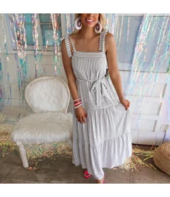 Casual Striped Sling Dress Backless Lace-Up Wholesale Dresses SDN561306