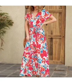 Floral Print Short Sleeve V Neck Tie-Up Waist High Slit Resort Dress Wholesale Maxi Dresses SDN533200