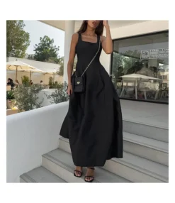 Simple Sling Sleeveless Solid Color Square Neck Dress Wholesale Dresses