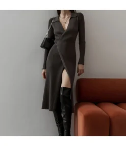 Low-Cut Slim Commuter Fashion Long-Sleeve Slit Knitted Dress Wholesale Dresses SDV463846