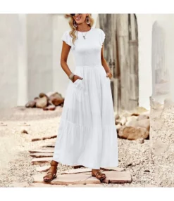 Pleated Solid Color Elegant Round Neck Dress Wholesale Dresses N4623041200018