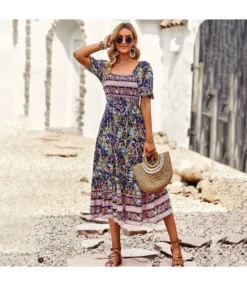 Boho Print Square Neck A-Line Midi Bohemian Dress Wholesale Dresses SDN539521