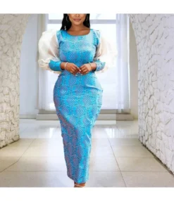 Mesh Sheer Lantern Sleeve Stitching Printed Slim Party Dress Wholesale Dresses SDV463701