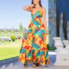 Colorful Printed Plunge Neck High Waist Resort Sundresses Ruffled Slip Dress Wholesale Maxi Dresses SDN533566