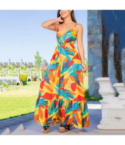 Colorful Printed Plunge Neck High Waist Resort Sundresses Ruffled Slip Dress Wholesale Maxi Dresses SDN533566