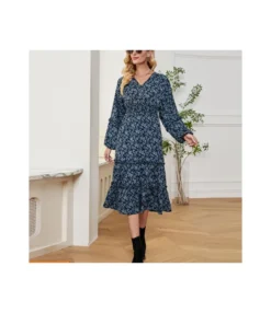 Printed Casual V-Neck Lantern Long Sleeve Mid-Length A-Line Dress Wholesale Dresses N5323032300094