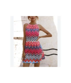 Geometric Print Round Neck Sleeveless Nipped Waist A-Line Resort Dress Fashion Wholesale Dresses SDN533122