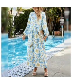 Fashion V Neck Floral Maxi Dress Loose Long Sleeve Resort Wholesale Dresses SDN560796