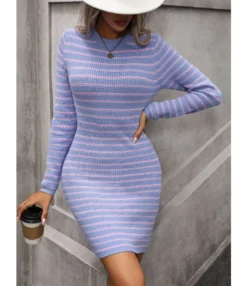 Stylish Inter-Colour Striped Round Neck Mid-Length Knitted Dress Wholesale Dresses N5923082600024