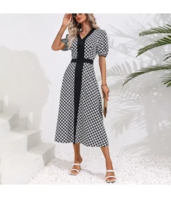 Colorblock Plaid Short Sleeve Stitching Waist Single-Breasted Midi Dress Wholesale Dresses N5323030300071