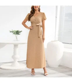 V-Neck Open Back Slim Fit Party Shiny Bright Lace-Up Waist A-Line Dress Wholesale Maxi Dresses N5323030300054