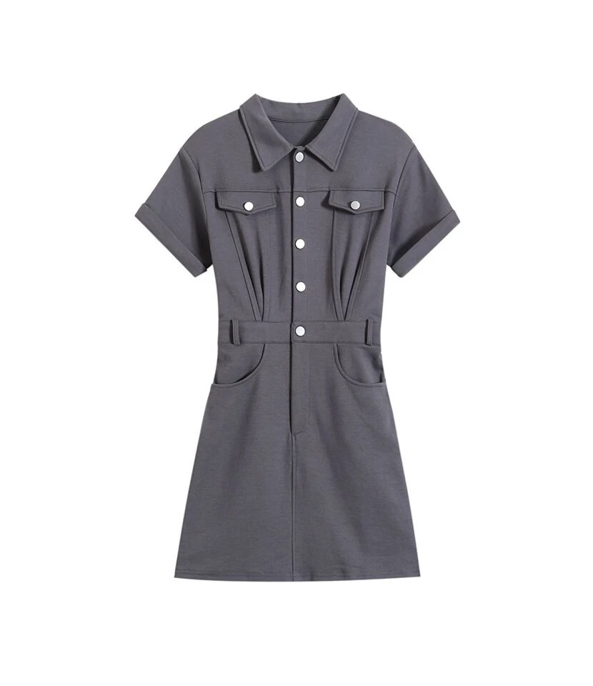 Casual Two-Pocket Lapel Short-Sleeved Button-Down Slim-Fit Dress Wholesale Dresses SDV464344 - Image 2